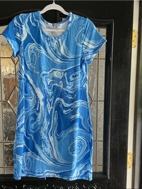 Talbots Blue Marble-Print Short Sleeve Dress